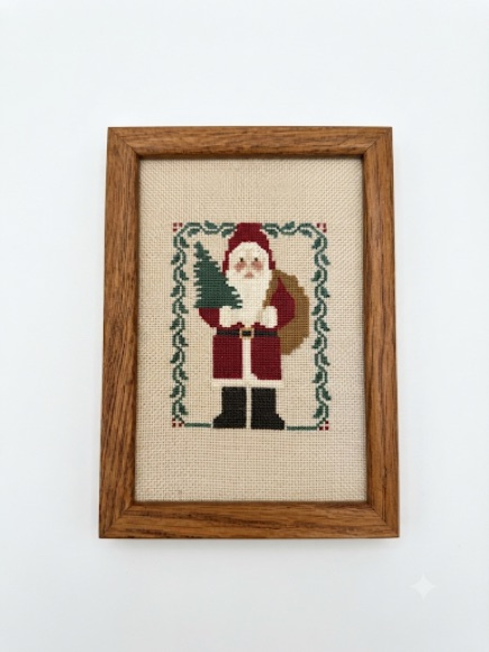 Handmade Cross Stitch Santa Framed Décor Cottagecore Christmas